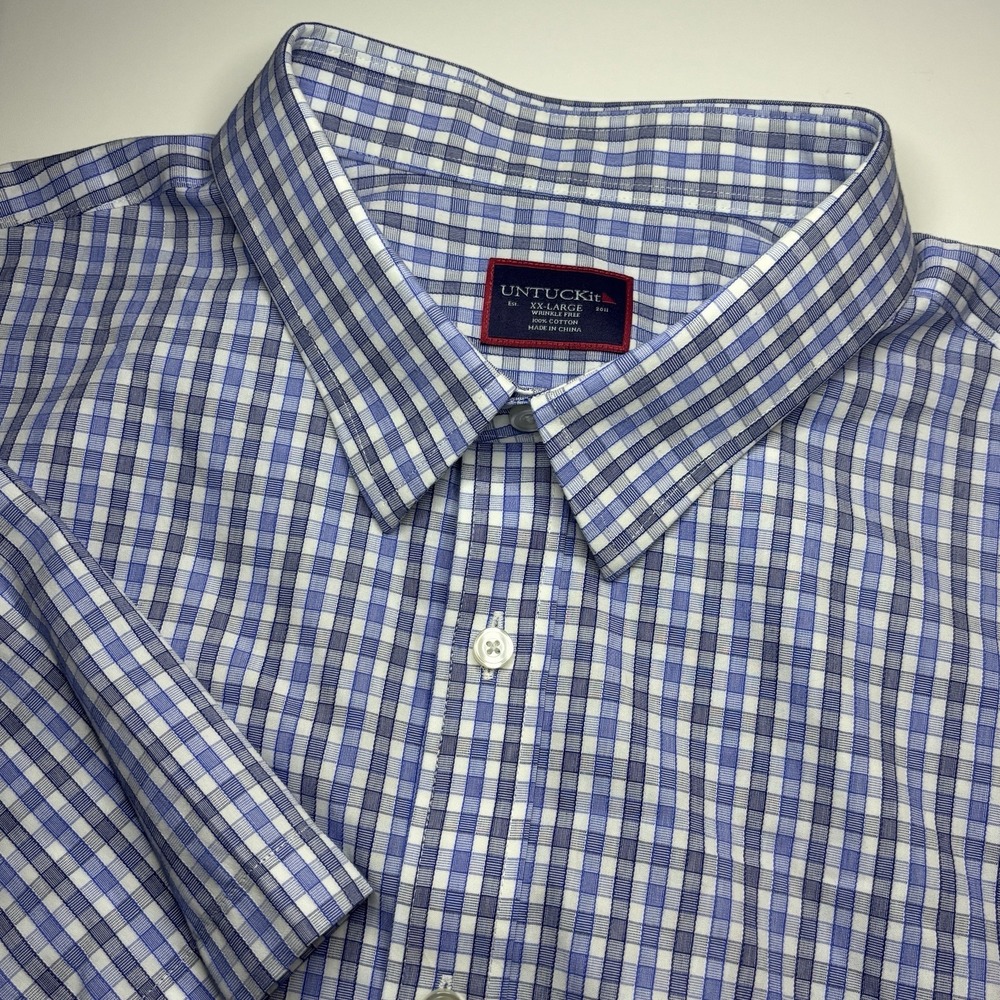 UNTUCKit Dante Blue Check Mens XXL Short Sleeve Wrinkle Free Cotton Shirt - Picture 1 of 7
